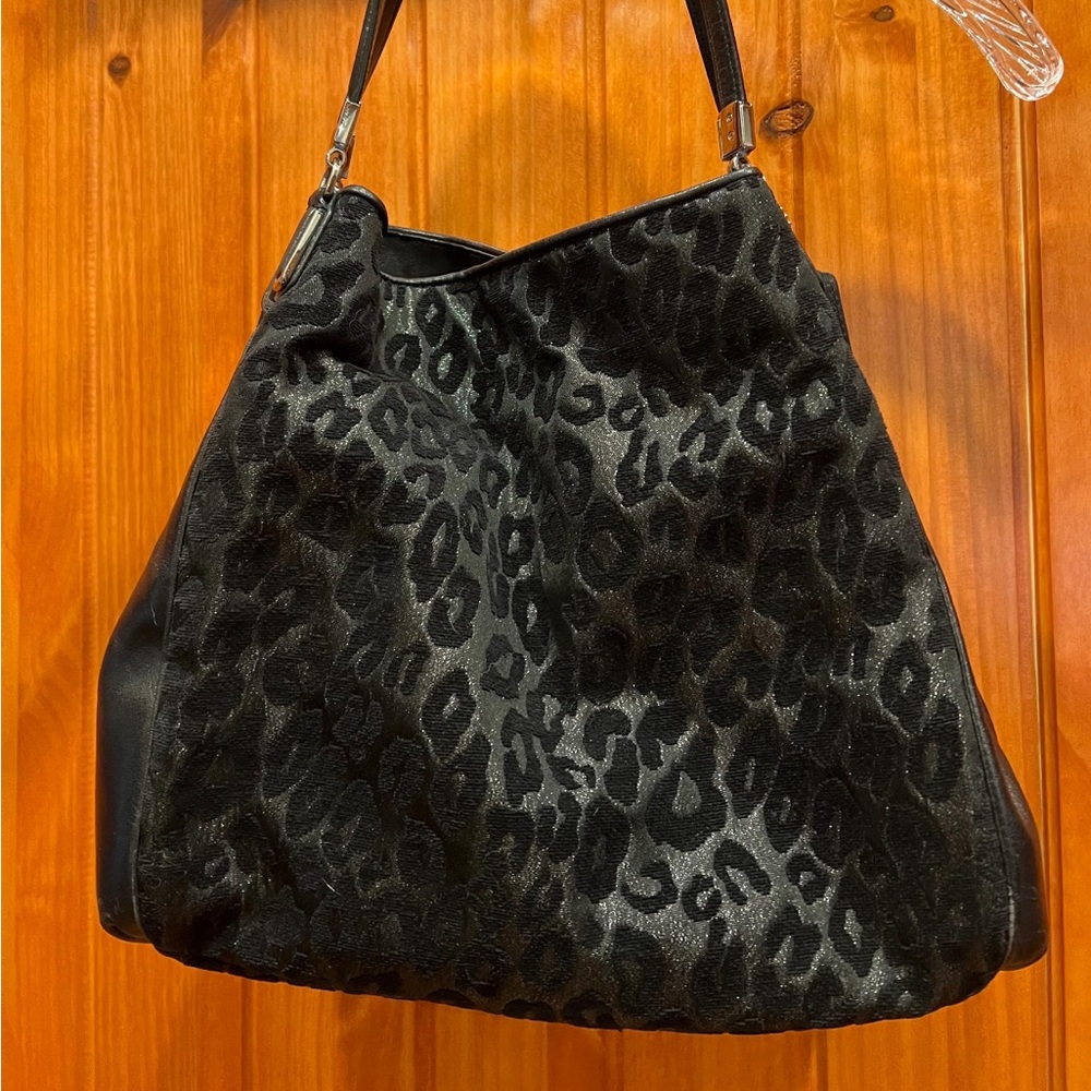 Coach Madison Black Shoulder Bag Phoebe Chenille Ocelot Print & Leather Handbag